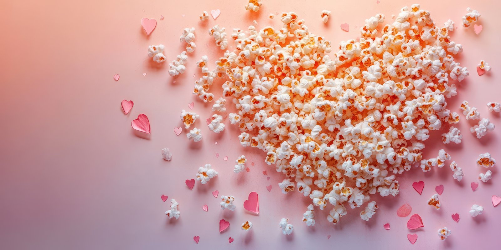 Popcorn arranged in a heart shape surrounded by pink paper hearts, perfect for a romantic movie night